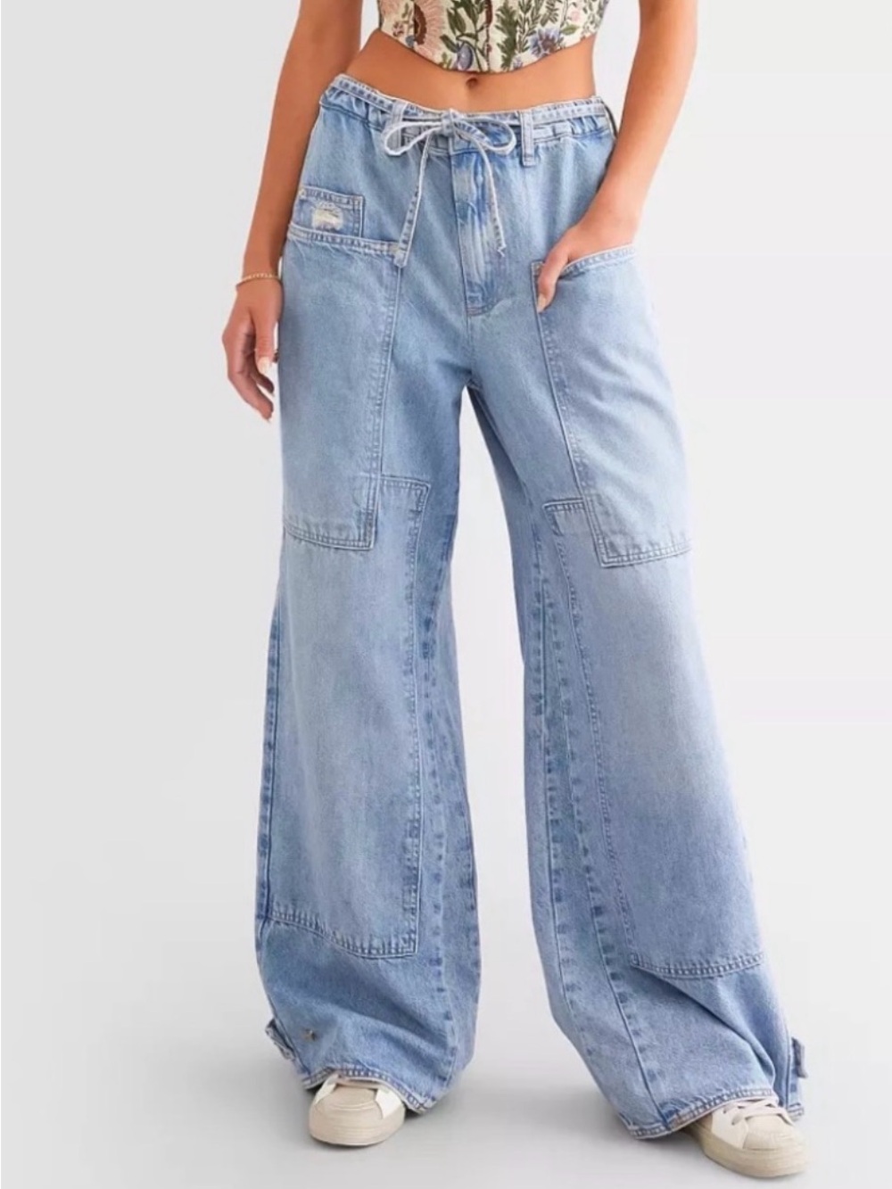 We The Free Light Blue Wide-Leg Denim Jeans with Drawstring
